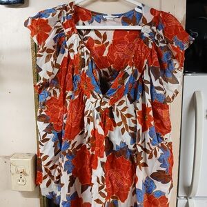 Floral Print Blouse with Red and Blue Accents